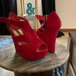 Red Circle Footwear Red Suede Platform Wedge Sandals with Ankle Strap